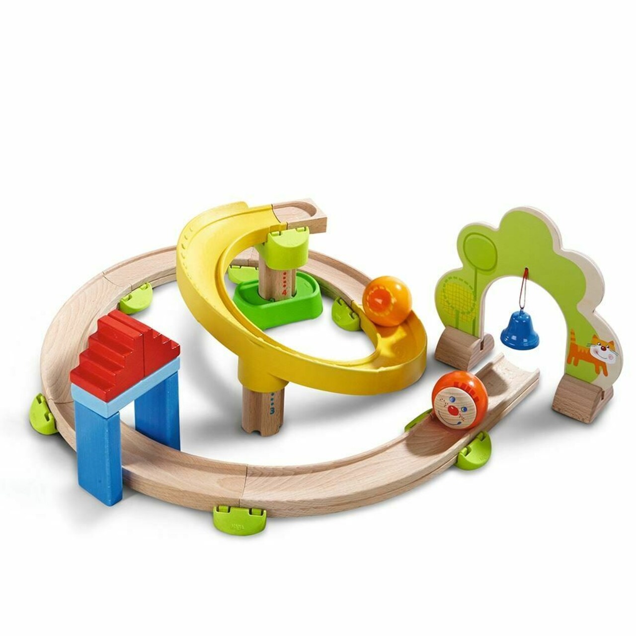 HABA Ball Run - Kullerbu Spiral Track, 26 Piece Wood & Plastic Marble Run Set with Wild Curves & Bell for Kids 2-8, STEM Toy Marble Maze Building Set